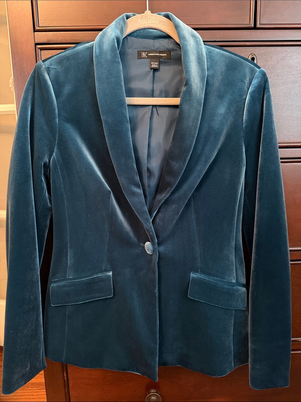INC International Concepts Teal Velvet Single-Button Shawl Collar Blazer